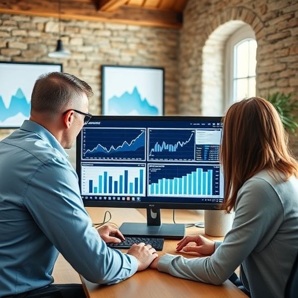 Dva računovodja Slovenskega Ateljeja pri delu na monitorju s finančnimi grafikoni